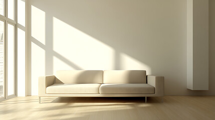A white couch sits in a room with a large window letting in sunlight
