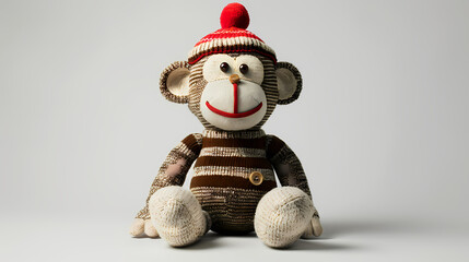 sock monkey plush toy, sitting upright on a plain background
