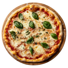 a pizza on a wooden board with fresh basil. isolated on transparent background	
