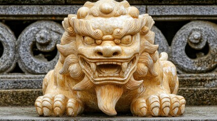 Obraz premium Ornate stone lion statue guards a structure. Detailed carving, powerful stance