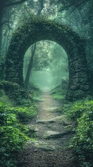 Mystical Crossroads with Ancient Stone Archway in Lush Forest