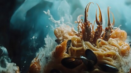 Underwater seafood pasta dish with vibrant colors and bubbles