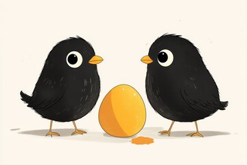 Fototapeta premium Two Cute Black Birds With Yellow Egg Cartoon Illustration