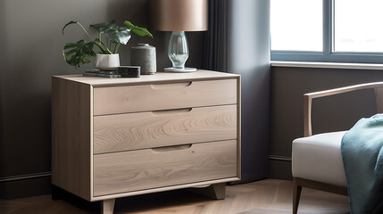 A wooden dresser with a lamp on top of it