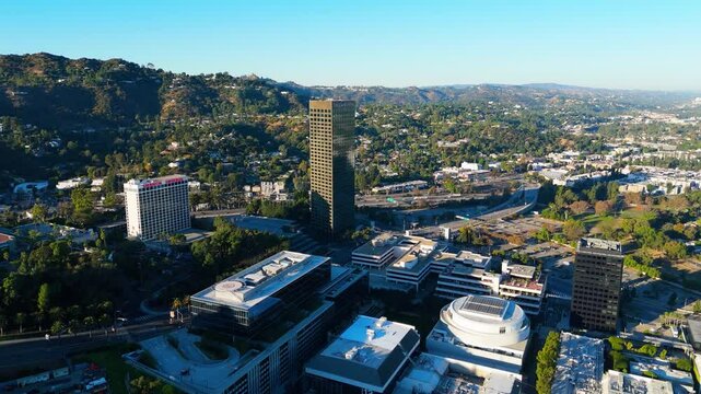 Forward Drone Flight Over Universal City and 101 Freeway, Los Angeles, California, USA, November 2, 2024