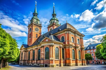 Naklejka premium Majestic Johannes Church, Düsseldorf: Stunning Exterior View with Copy Space