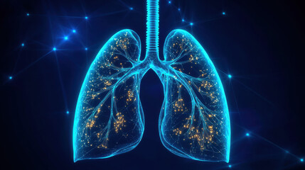 A digital rendering of the human lungs, surrounded by glowing data points and intricate network connections
