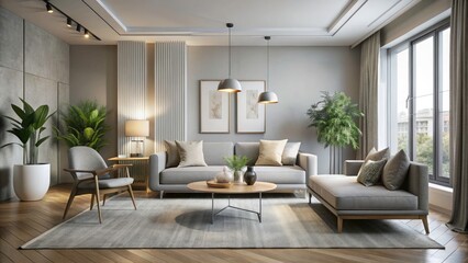 Fototapeta premium Minimalist Gray & White Living Room Low Light Photography - Interior Design Inspiration