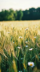 Obraz premium Peaceful Countryside with Sprawling Wheat and Wildflowers Scenery