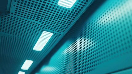 Perforated metal ceiling with lights in a teal-toned, abstract, architectural scene