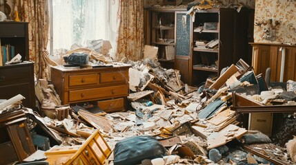Devastating Aftermath of a Disaster in an Abandoned Living Room