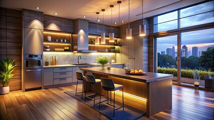 Obraz premium Modern Kitchen Night Photography 3D Rendering: Sleek Design, Illuminated Interiors