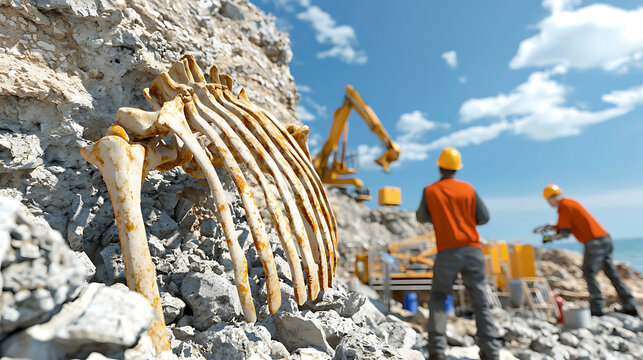 Archaeological dig uncovers ancient whale bones coastal beach photography daylight close-up fossil discovery