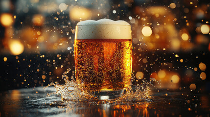 A glass of beer with foam on the table, with splashes and drops around it