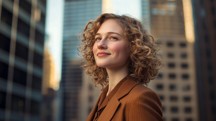 Fototapeta premium A smiling young business woman with curly hair in the city, generative AI