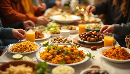 Obraz premium A Bountiful Iftar Feast: Family Gathering Around a Table Laden with Delicious Dishes