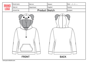Hoodie technical drawing flat sketch with clothing tech pack template