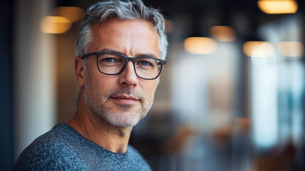 Fototapeta premium Portrait of a confident, middle-aged business man with glasses and gray hair, generative AI