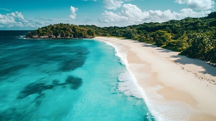 Obraz premium Stunning Tropical Beach with Turquoise Waters and Lush Vegetation in a Remote Caribbean Island Destination