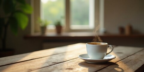 Fototapeta premium Aromatic Steam Rising from a Cup of Coffee on a Rustic Wooden Table in a Sunlit Room