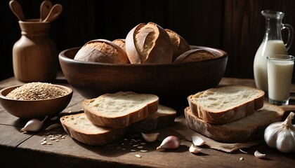 Rustic Still Life Homemade Bread, Milk, and Garlic