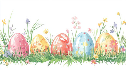 Watercolor Easter eggs in the grass, spring flowers, white background