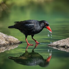 Blackbird with Red Legs Drinking Water