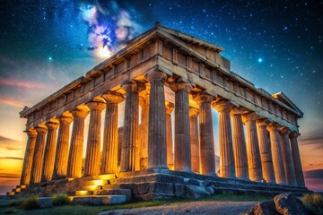 Obraz premium Majestic Night View: Ancient Greek Temple Illuminated