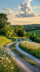 Naklejka premium Serene Country Road at Crossroads with Lush Green Landscape