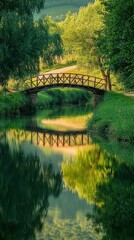 Fototapeta premium Serene Riverbank Scene with Wooden Bridge and Lush Greenery
