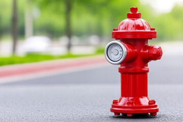 Bright red fire hydrant standing on a paved road in a green park setting