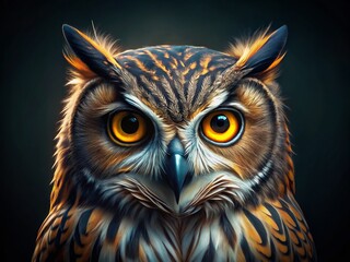 Obraz premium Majestic Owl Portrait: Captivating Eyes & Delicate Feathers in Low Light