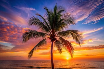 Obraz premium Majestic Palm Tree Silhouette at Sunset - Tropical Island Paradise Stock Photo