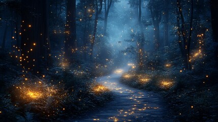 Mystical Forest Path at Night Fireflies Magical Fantasy Nature Photography