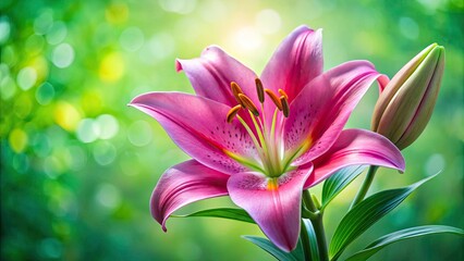 Naklejka premium Pink Lily Josephine Flower Spring Summer Bloom Photography Green Background