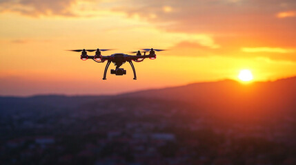 Drone flying beautiful sunset
