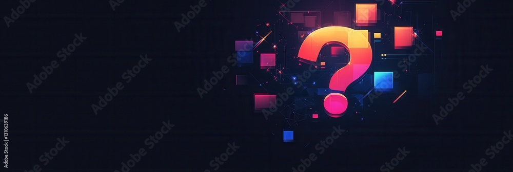 Poster minimalist icon design featuring a question mark surrounded by glowing light bursts in a modern flat