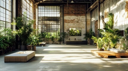 Serene Industrial Warehouse Design with Clean Aesthetic and Greenery
