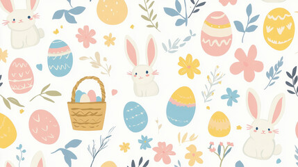 Fototapeta premium Easter seamless pattern with cute bunnies, eggs, and flowers. Vector illustration on a white background