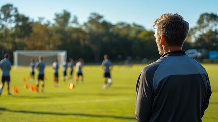 Fototapeta premium Soccer Coach Watching Team Practice Sunny Day