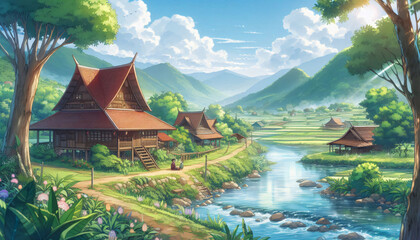 Fototapeta premium Classic Thai village by river - Anime aesthetic wallpaper