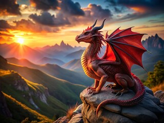 Obraz premium Majestic Red Dragon Sunrise Mountaintop Fantasy Fairytale