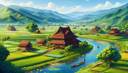 Fototapeta premium Classic Thai village by river - Anime aesthetic wallpaper