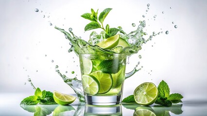 Refreshing Mojito Splash, Summer Drink, Minimalist Photography, White Background, Isolated, Cool Beverage