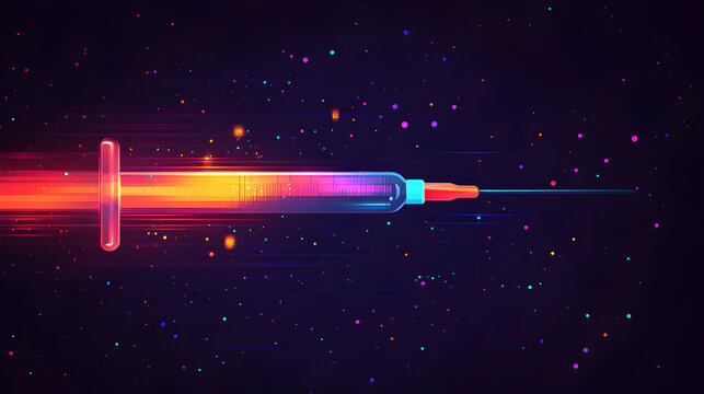 A stylized illustration of a syringe in motion, emitting vibrant streaks of light against a dark backdrop speckled with colorful particles