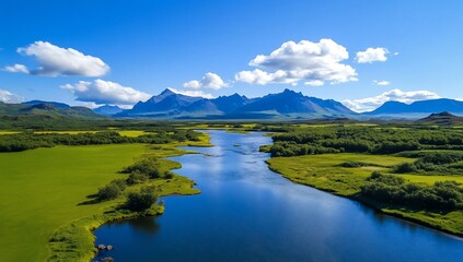 Naklejka premium Majestic River Valley Mountain Landscape Aerial View