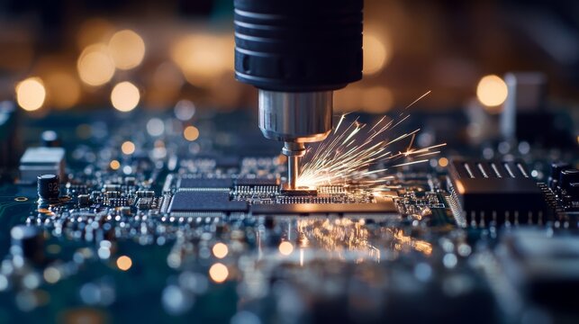 Close-up of semiconductor manufacturing with precision machinery and microchips, symbolizing advanced technology and electronics production