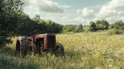 Serene Rural Scene with Rusted Tractor in Green Grass Landscape