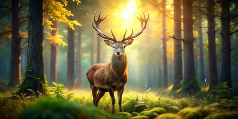 Fototapeta premium Majestic Stag in Sunlit Clearing - 4K Hyperrealistic Wildlife Photography