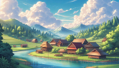 Obraz premium Classic Thai village by river - Anime aesthetic wallpaper
